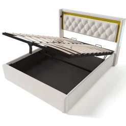 Lit coffre 160x200 cm - Lit double avec USB Type C et LED - Coton - Sans Matelas - Beige