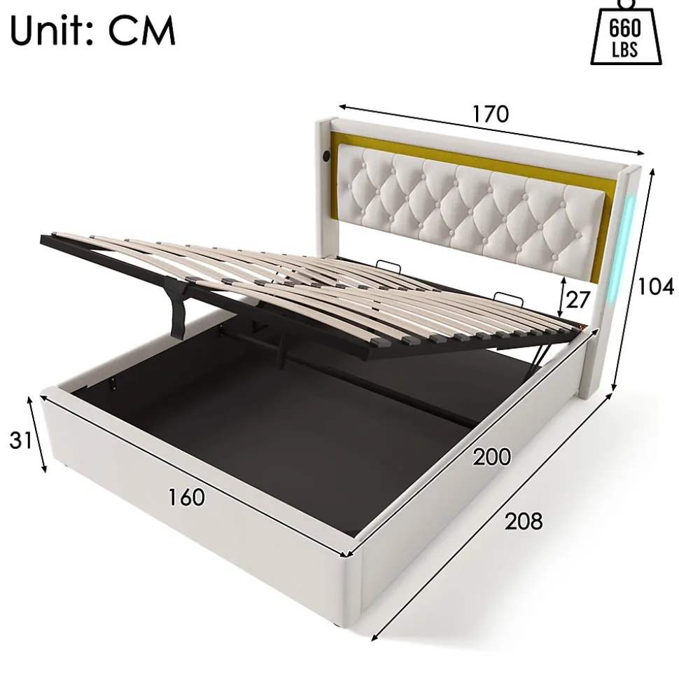 Lit coffre 160x200 cm - Lit double avec USB Type C et LED - Coton - Sans Matelas - Beige