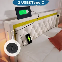 Lit coffre 160x200 cm - Lit double avec USB Type C et LED - Coton - Sans Matelas - Beige