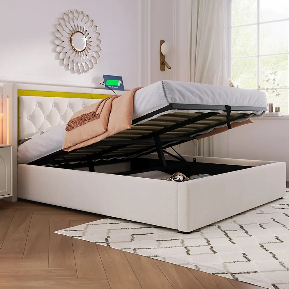 Lit coffre 160x200 cm - Lit double avec USB Type C et LED - Coton - Sans Matelas - Beige