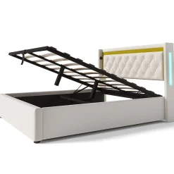 Lit coffre 160x200 cm - Lit double avec USB Type C et LED - Coton - Sans Matelas - Beige