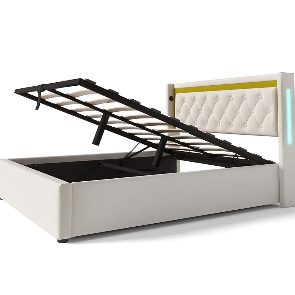Lit coffre 160x200 cm - Lit double avec USB Type C et LED - Coton - Sans Matelas - Beige