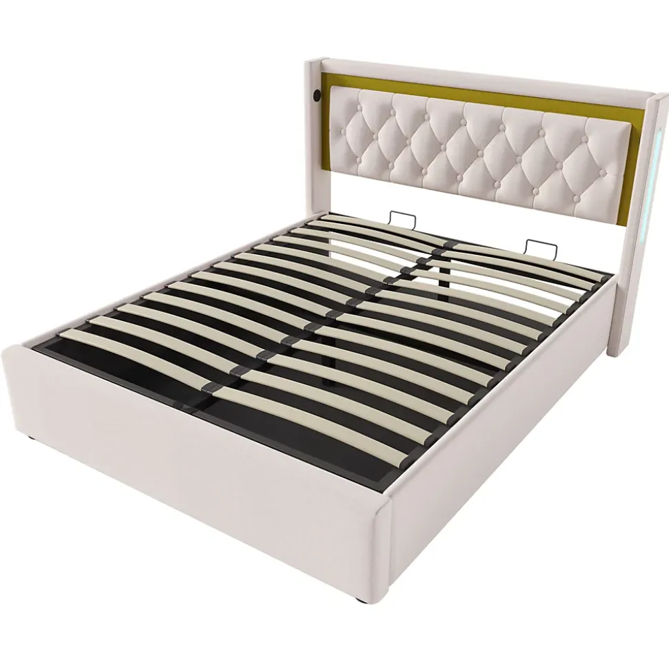 Lit coffre 160x200 cm - Lit double avec USB Type C et LED - Coton - Sans Matelas - Beige