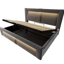 Lit Coffre 180x200 cm - Lit Double Capitonné avec LED Contrôlée par Application, Ports USB/Type-C - Sans Matelas - Gris