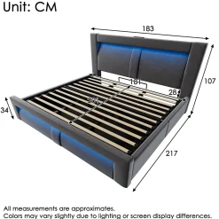 Lit Coffre 180x200 cm - Lit Double Capitonné avec LED Contrôlée par Application, Ports USB/Type-C - Sans Matelas - Gris