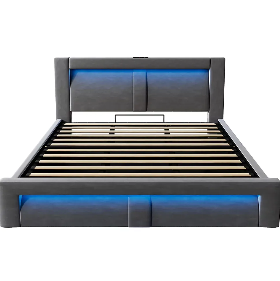 Lit Coffre 180x200 cm - Lit Double Capitonné avec LED Contrôlée par Application, Ports USB/Type-C - Sans Matelas - Gris