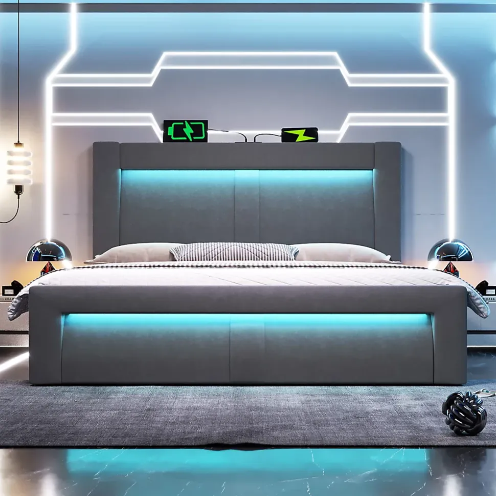 Lit Coffre 180x200 cm - Lit Double Capitonné avec LED Contrôlée par Application, Ports USB/Type-C - Sans Matelas - Gris