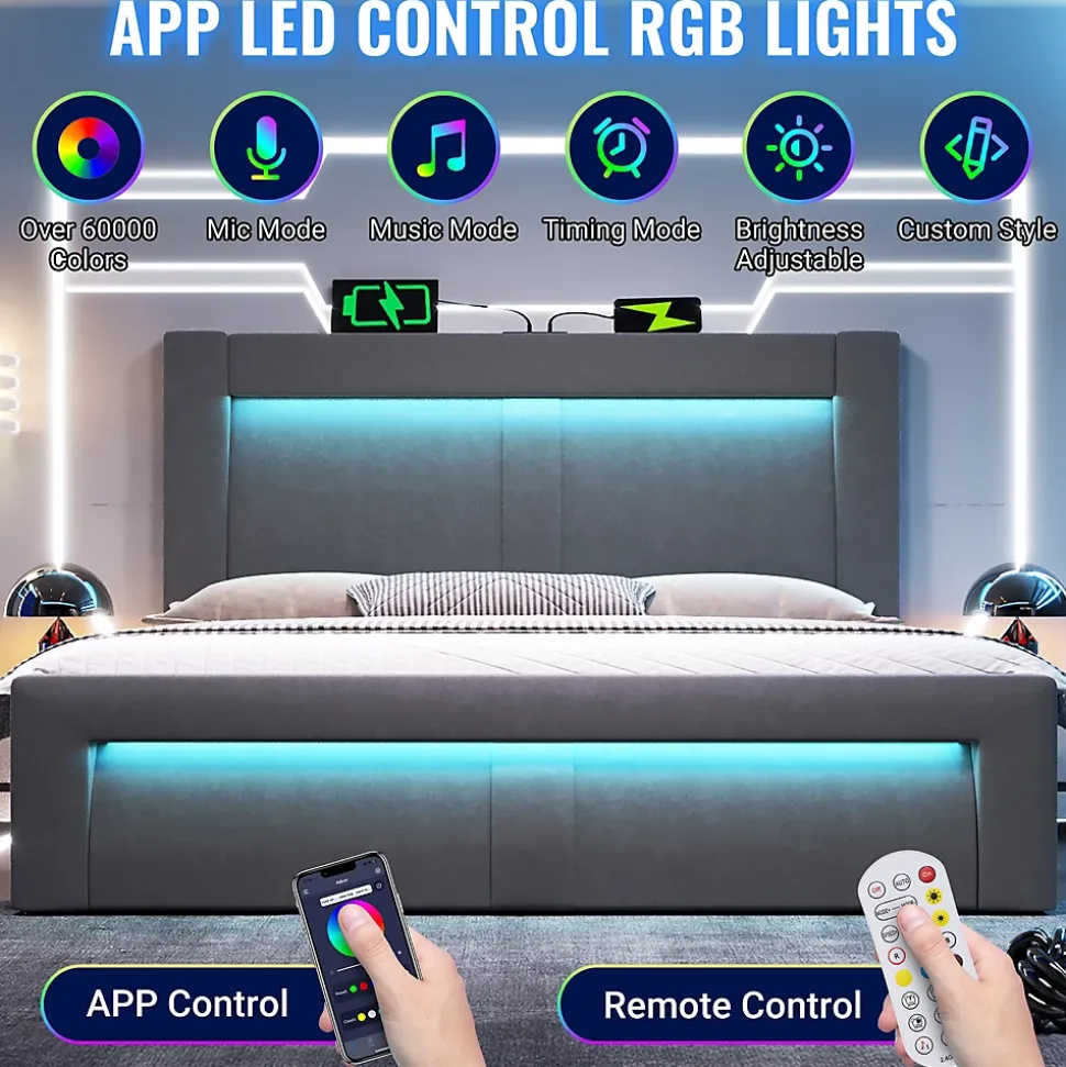 Lit Coffre 180x200 cm - Lit Double Capitonné avec LED Contrôlée par Application, Ports USB/Type-C - Sans Matelas - Gris