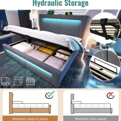 Lit Coffre 180x200 cm - Lit Double Capitonné avec LED Contrôlée par Application, Ports USB/Type-C - Sans Matelas - Gris