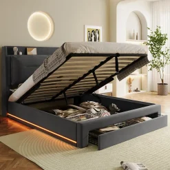 Lit coffre 140x190 cm - Lit Double Capitonné avec Tiroirs et Éclairage LED - Velours - Sans Matelas - Gris