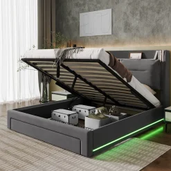 Lit coffre 140x190 cm - Lit Double Capitonné avec Tiroirs et Éclairage LED - Velours - Sans Matelas - Gris