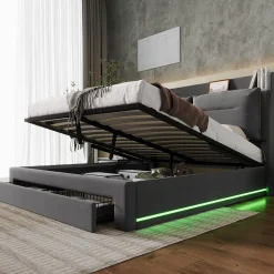 Lit coffre 140x190 cm - Lit Double Capitonné avec Tiroirs et Éclairage LED - Velours - Sans Matelas - Gris