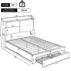 Lit coffre 140x190 cm - Lit Double Capitonné avec Tiroirs et Éclairage LED - Velours - Sans Matelas - Gris