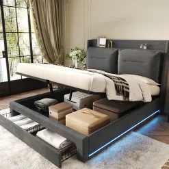 Lit coffre 140x190 cm - Lit Double Capitonné avec Tiroirs et Éclairage LED - Velours - Sans Matelas - Gris