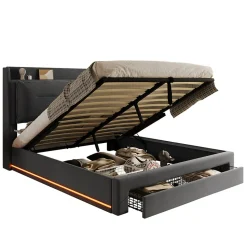 Lit coffre 140x190 cm - Lit Double Capitonné avec Tiroirs et Éclairage LED - Velours - Sans Matelas - Gris