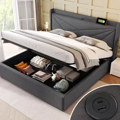 Lit Coffre 140x200 Cm - Lit Double avec Sommier à Lattes et USB Type C - Coton Bois Métal - Sans Matelas - Gris