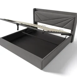 Lit Coffre 140x200 Cm - Lit Double avec Sommier à Lattes et USB Type C - Coton Bois Métal - Sans Matelas - Gris