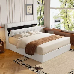 Lit Coffre 140x200 cm - Lit Double Capitonné avec Tête de Lit et Rangement Caché - PU - Sans Matelas - Blanc