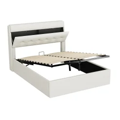 Lit Coffre 140x200 cm - Lit Double Capitonné avec Tête de Lit et Rangement Caché - PU - Sans Matelas - Blanc