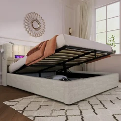 Lit Coffre 160x200 Cm - Lit Double avec Lampe de Lecture et Ports USB - Lin - Sans Matelas - Beige