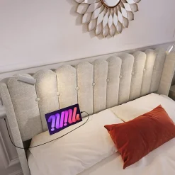 Lit Coffre 160x200 Cm - Lit Double avec Lampe de Lecture et Ports USB - Lin - Sans Matelas - Beige