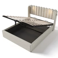 Lit Coffre 160x200 Cm - Lit Double avec Lampe de Lecture et Ports USB - Lin - Sans Matelas - Beige