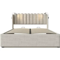 Lit Coffre 160x200 Cm - Lit Double avec Lampe de Lecture et Ports USB - Lin - Sans Matelas - Beige