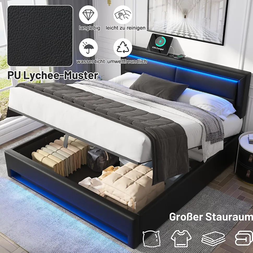 Lit Coffre 140x200 cm - Lit Double Capitonné avec Port USB et Éclairage LED - Similicuir - Noir - Sans Matelas