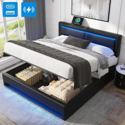 Lit Coffre 140x200 cm - Lit Double Capitonné avec Port USB et Éclairage LED - Similicuir - Noir - Sans Matelas