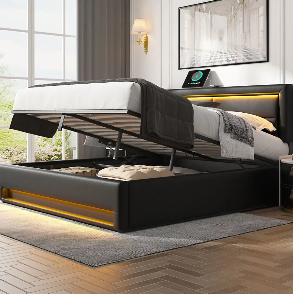 Lit Coffre 140x200 cm - Lit Double Capitonné avec Port USB et Éclairage LED - Similicuir - Noir - Sans Matelas