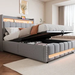 Lit coffre 140x200 cm - Lit double en lin gris clair avec LED intégrée, ports USB et rangement hydraulique - Sans matelas