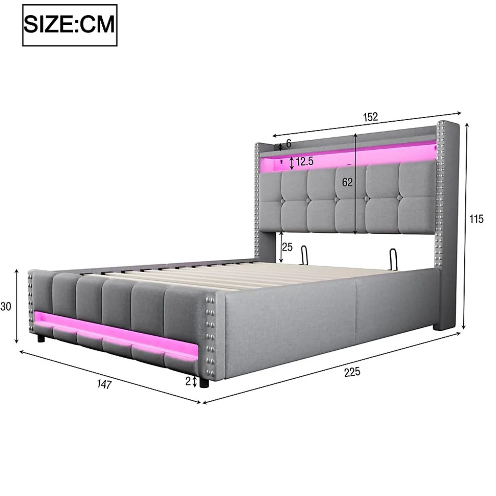Lit coffre 140x200 cm - Lit double en lin gris clair avec LED intégrée, ports USB et rangement hydraulique - Sans matelas