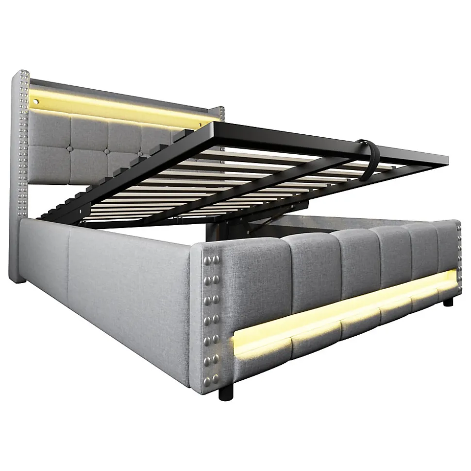 Lit coffre 140x200 cm - Lit double en lin gris clair avec LED intégrée, ports USB et rangement hydraulique - Sans matelas