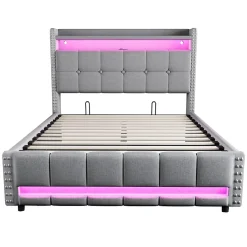 Lit coffre 140x200 cm - Lit double en lin gris clair avec LED intégrée, ports USB et rangement hydraulique - Sans matelas