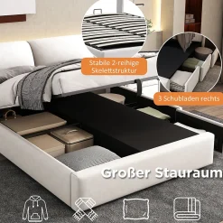 Lit coffre 140x200 cm - lit double capitonné élégant en velours avec 3 tiroirs et rangement hydraulique - blanc - sans matelas