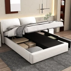 Lit coffre 140x200 cm - lit double capitonné élégant en velours avec 3 tiroirs et rangement hydraulique - blanc - sans matelas