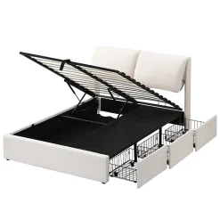 Lit coffre 140x200 cm - lit double capitonné élégant en velours avec 3 tiroirs et rangement hydraulique - blanc - sans matelas