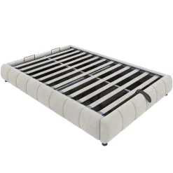 Lit Coffre 140x200 cm - Lit Double avec Rangement Intégré et Éclairage LED - Sans Matelas, Velours Beige