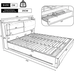 Lit coffre 180x200 cm - Lit Double Capitonné avec Tiroirs et Éclairage LED - Velours - Sans Matelas - Gris