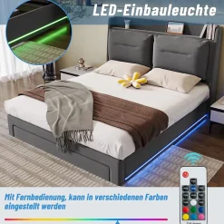 Lit coffre 180x200 cm - Lit Double Capitonné avec Tiroirs et Éclairage LED - Velours - Sans Matelas - Gris