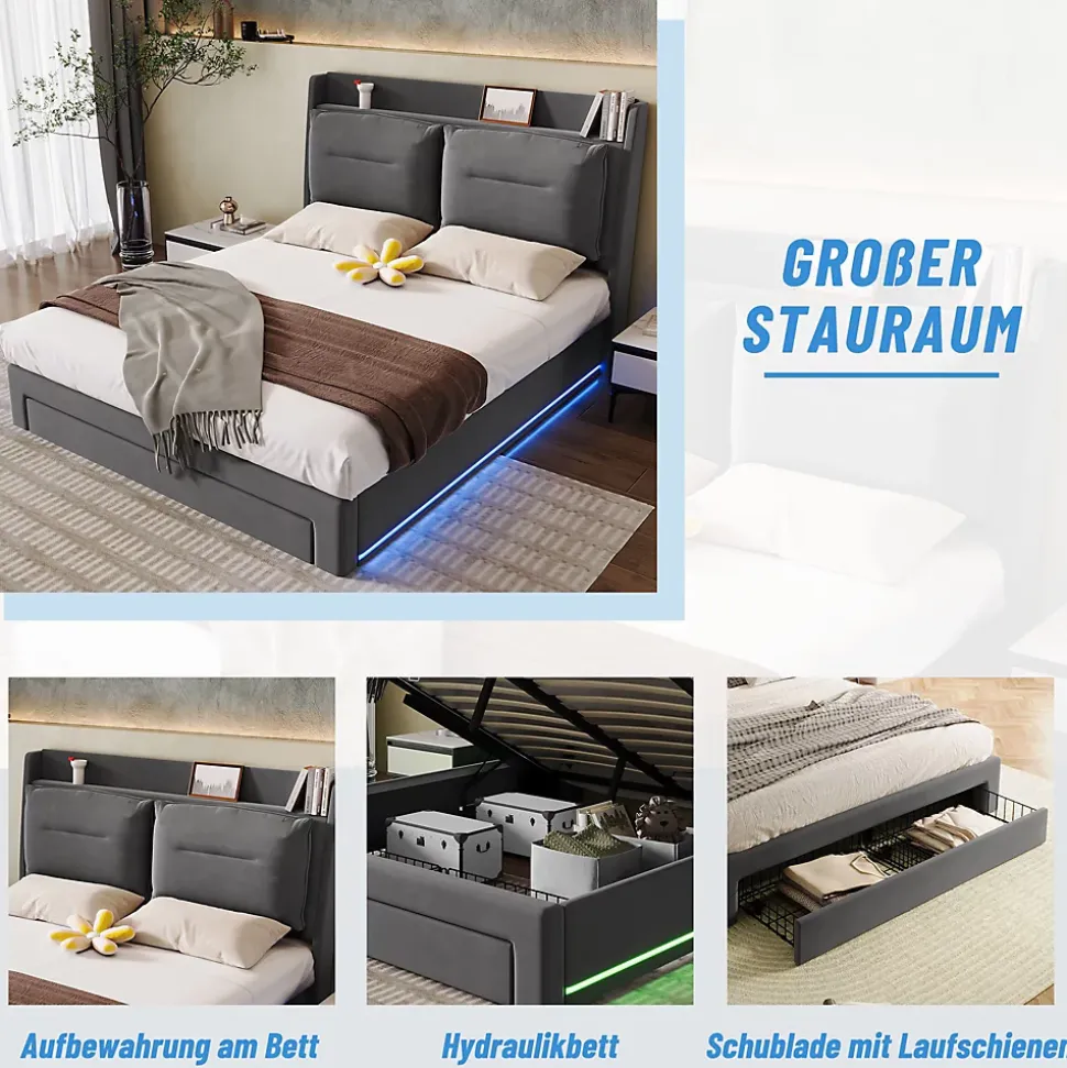 Lit coffre 180x200 cm - Lit Double Capitonné avec Tiroirs et Éclairage LED - Velours - Sans Matelas - Gris