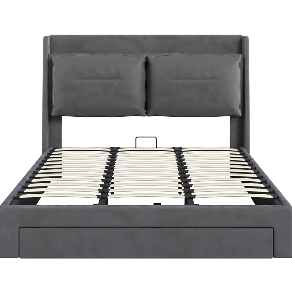 Lit coffre 180x200 cm - Lit Double Capitonné avec Tiroirs et Éclairage LED - Velours - Sans Matelas - Gris