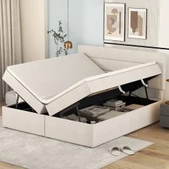 Lit coffre 140x200 cm - Lit double avec sommier à lattes et tête de lit - ouverture2 côtés en Lin - Beige