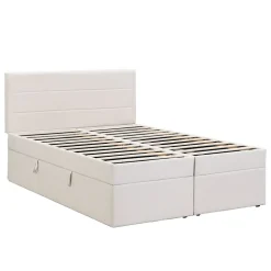 Lit coffre 140x200 cm - Lit double avec sommier à lattes et tête de lit - ouverture2 côtés en Lin - Beige