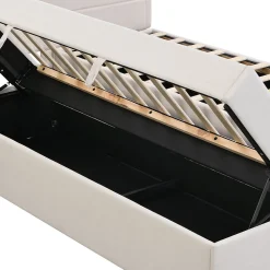 Lit coffre 140x200 cm - Lit double avec sommier à lattes et tête de lit - ouverture2 côtés en Lin - Beige