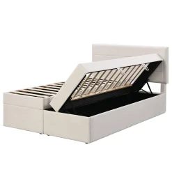 Lit coffre 140x200 cm - Lit double avec sommier à lattes et tête de lit - ouverture2 côtés en Lin - Beige