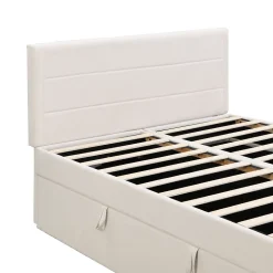 Lit coffre 140x200 cm - Lit double avec sommier à lattes et tête de lit - ouverture2 côtés en Lin - Beige