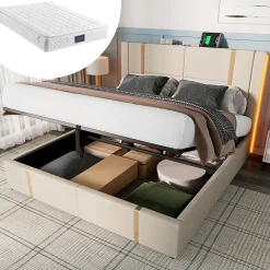 Lit coffre 140x200 cm - Lit double capitonné avec LED et chargement USB Type C - Textile en lin - Matelas Inclus - Beige