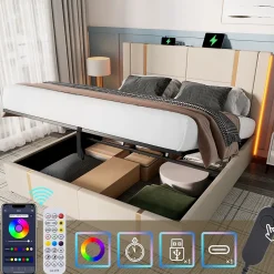 Lit coffre 140x200 cm - Lit double capitonné avec LED et chargement USB Type C - Textile en lin - Matelas Inclus - Beige
