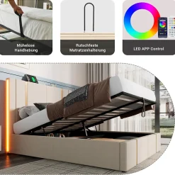 Lit coffre 140x200 cm - Lit double capitonné avec LED et chargement USB Type C - Textile en lin - Matelas Inclus - Beige